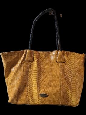 Big Buddha Yellow Snake-Embossed Tote with Black Braided Handles. 13x17x6.5"